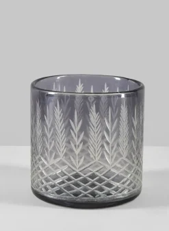4in Tall Almira Palm Smoke Gray Cut Work Cylinder Glass Candleholder