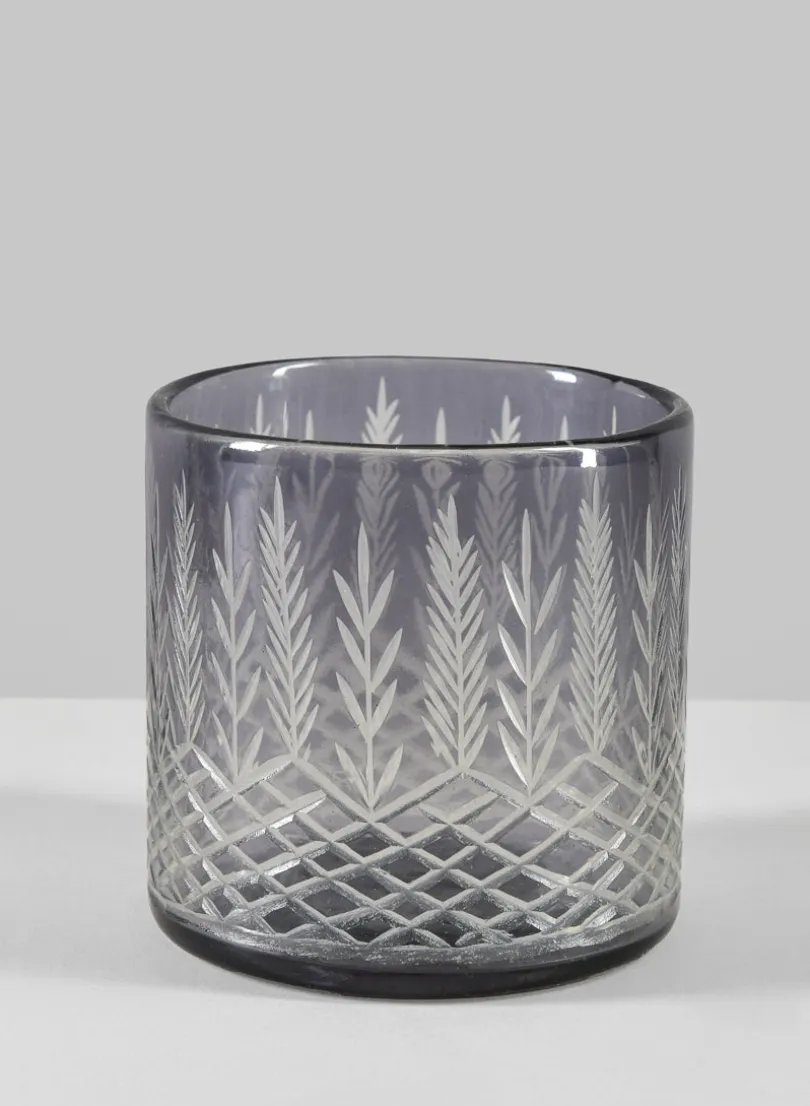 4in Tall Almira Palm Smoke Gray Cut Work Cylinder Glass Candleholder