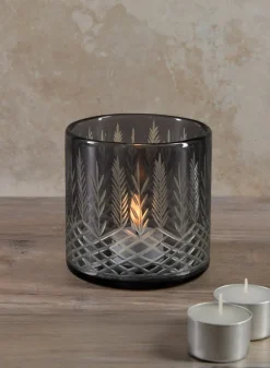 4in Tall Almira Palm Smoke Gray Cut Work Cylinder Glass Candleholder