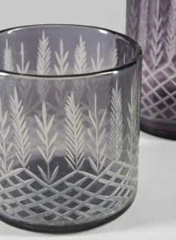 4in Tall Almira Palm Smoke Gray Cut Work Cylinder Glass Candleholder