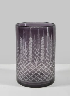 6in Tall Almira Palm Smoke Gray Cut Work Cylinder Glass Vase