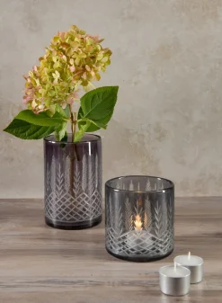 6in Tall Almira Palm Smoke Gray Cut Work Cylinder Glass Vase