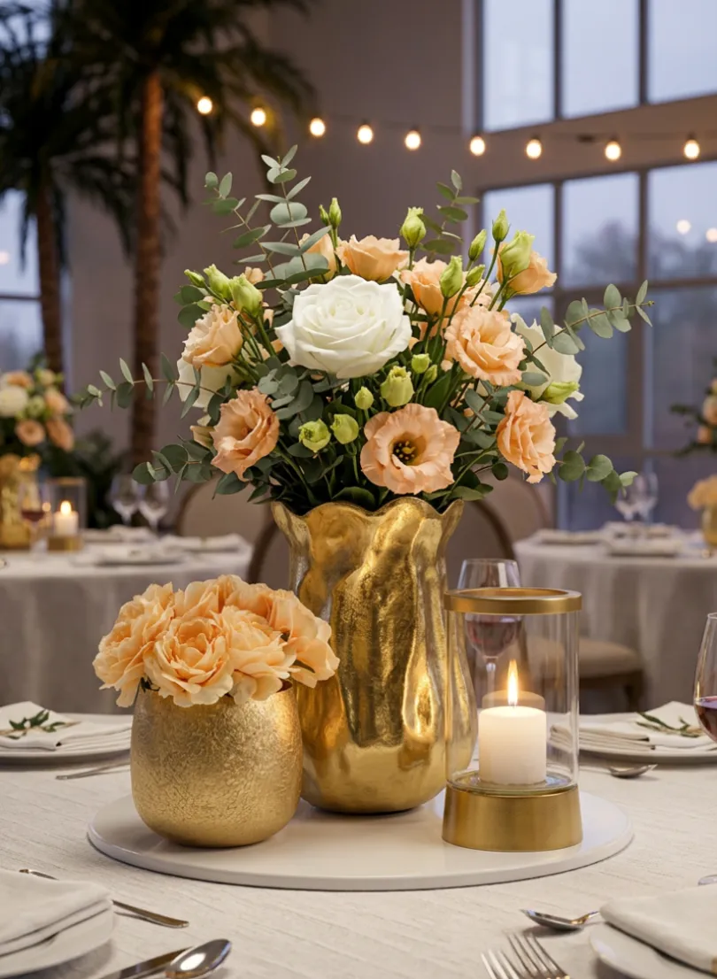 14.5in Tall Aluminum Versailles Scalloped Brushed Gold Vase