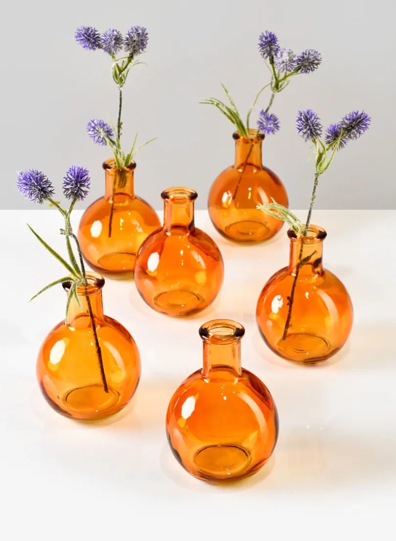 4in Tall Amber Ball Bud Glass Vase, Set of 6