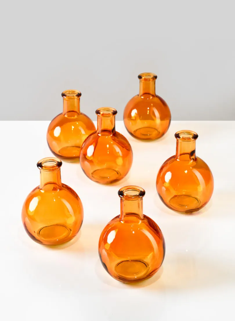 4in Tall Amber Ball Bud Glass Vase, Set of 6