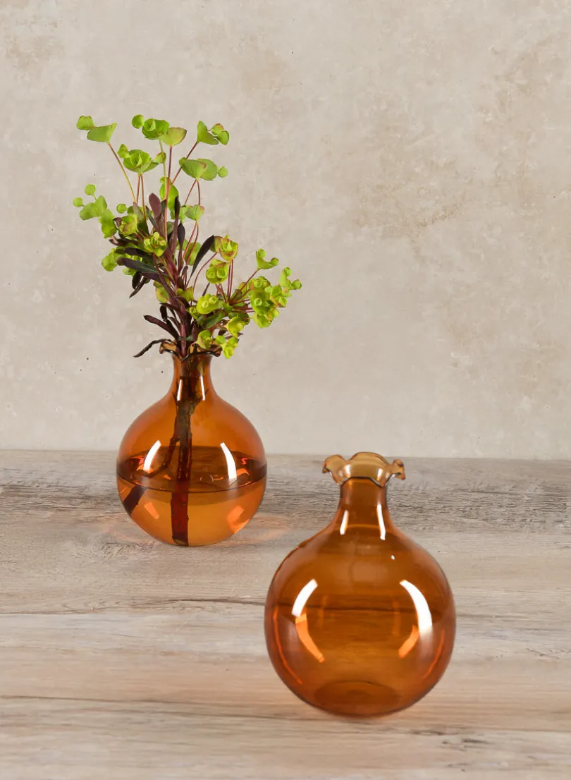 5in Tall Amber Iris Ball Glass Vase, Set of 2