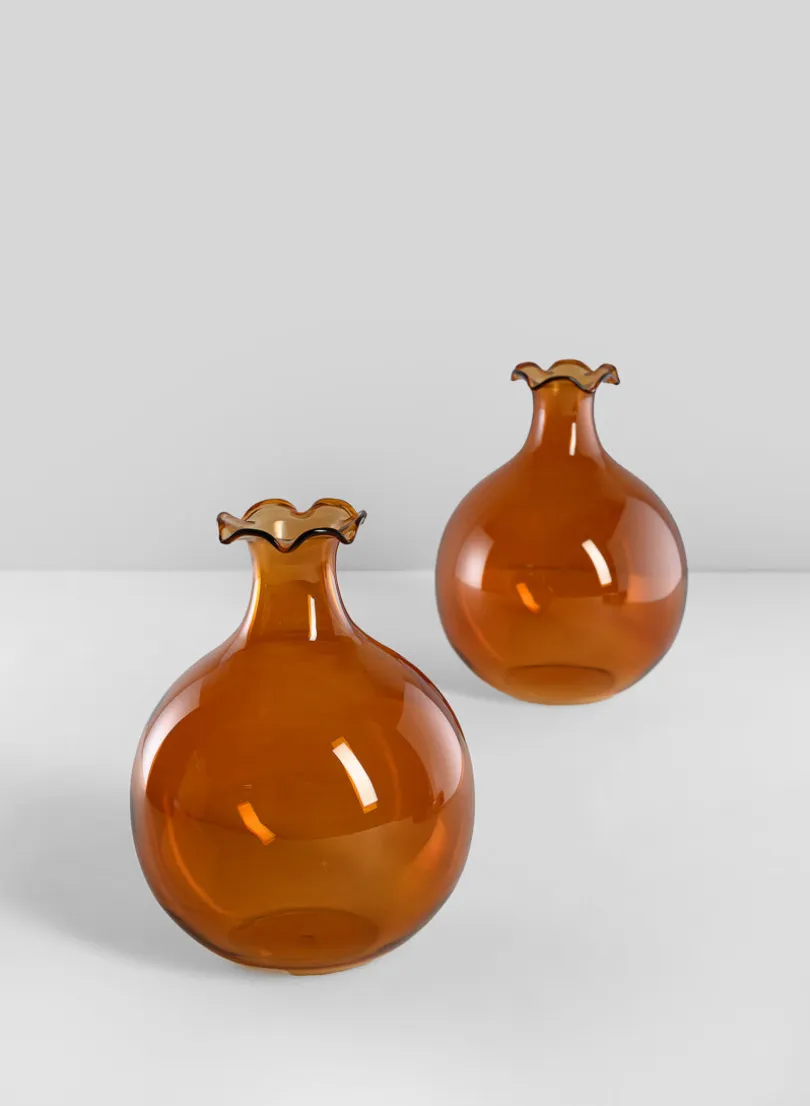 5in Tall Amber Iris Ball Glass Vase, Set of 2