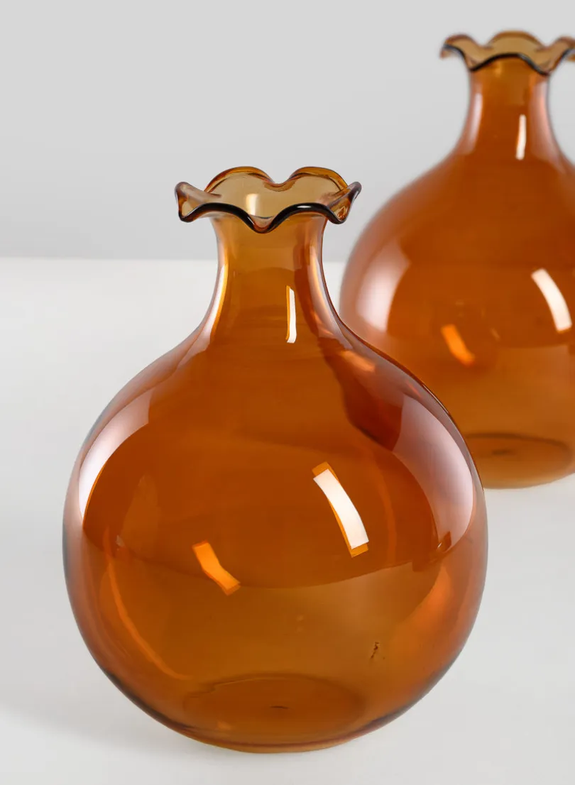 5in Tall Amber Iris Ball Glass Vase, Set of 2