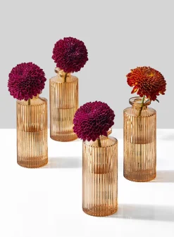 5.25in Tall Amber Pleated Glass Bottle Bud Vase, Set of 4