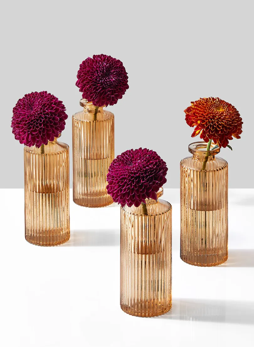 5.25in Tall Amber Pleated Glass Bottle Bud Vase, Set of 4