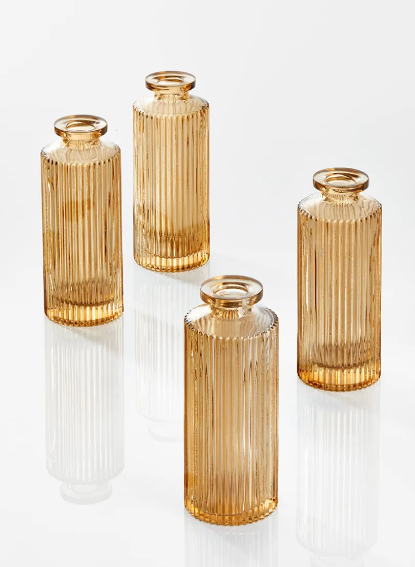 5.25in Tall Amber Pleated Glass Bottle Bud Vase, Set of 4