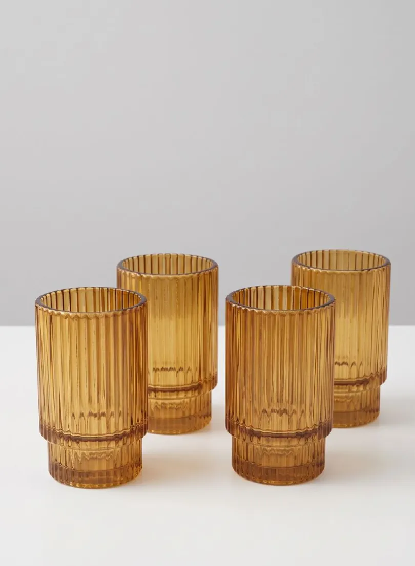 3.75in Tall Amber Pleated Glass Votive Holder, Set of 4