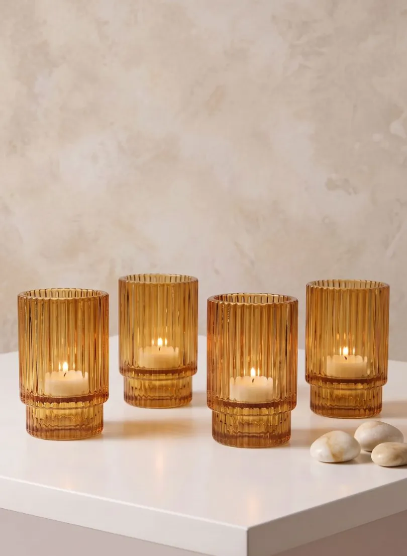 3.75in Tall Amber Pleated Glass Votive Holder, Set of 4