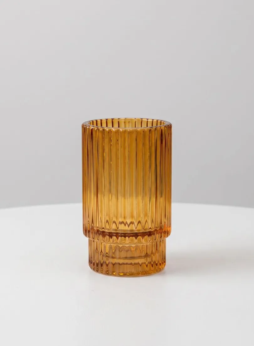 3.75in Tall Amber Pleated Glass Votive Holder, Set of 4