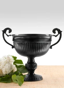 7in Tall Antique Black Lion Handle Iron Urn
