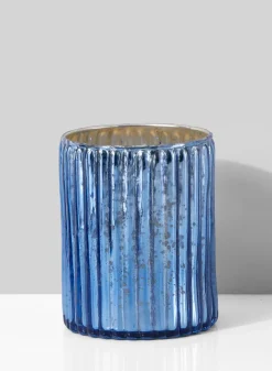 4in Tall Antique Blue Ripple Glass Votive Holder