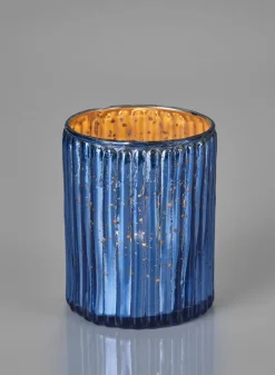 4in Tall Antique Blue Ripple Glass Votive Holder