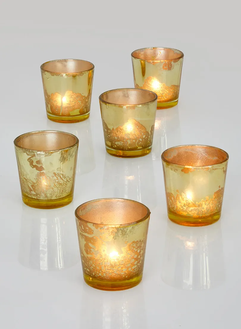 2.5in Tall Antique Light Gold Tapered Glass Votive Holder, Set of 6