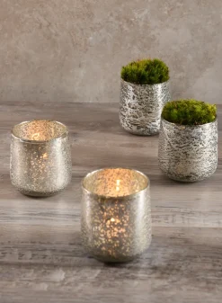 3.5in Tall Antique Platinum Glass Candle Holders, Set of 4
