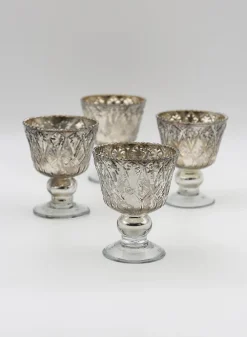 4in Tall Antique Silver Coupe Glass Candleholder, Set of 4