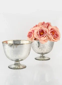 5in Tall Antique Silver Glass Bowl, Set of 2