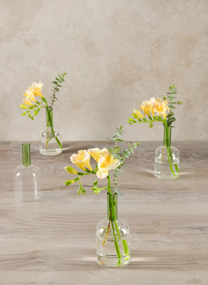 5in Tall Archimedes Green Tip Tubular Glass Vase, Mini, Set of 4