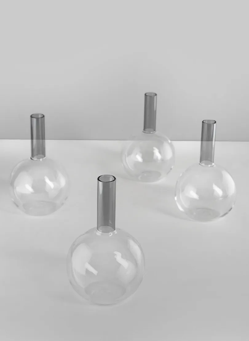 5in Tall Archimedes Smoke Tip Ball Glass Vase, Mini, Set of 4