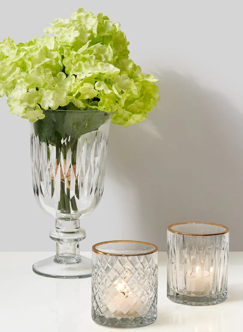 7.25in Tall Arrow Stripe Etched Trumpet Pedestal Glass Vase