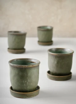 3in Tall Azra Aged Green Ceramic Pot with Saucer, Set of 4