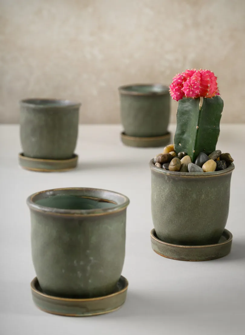 3in Tall Azra Aged Green Ceramic Pot with Saucer, Set of 4