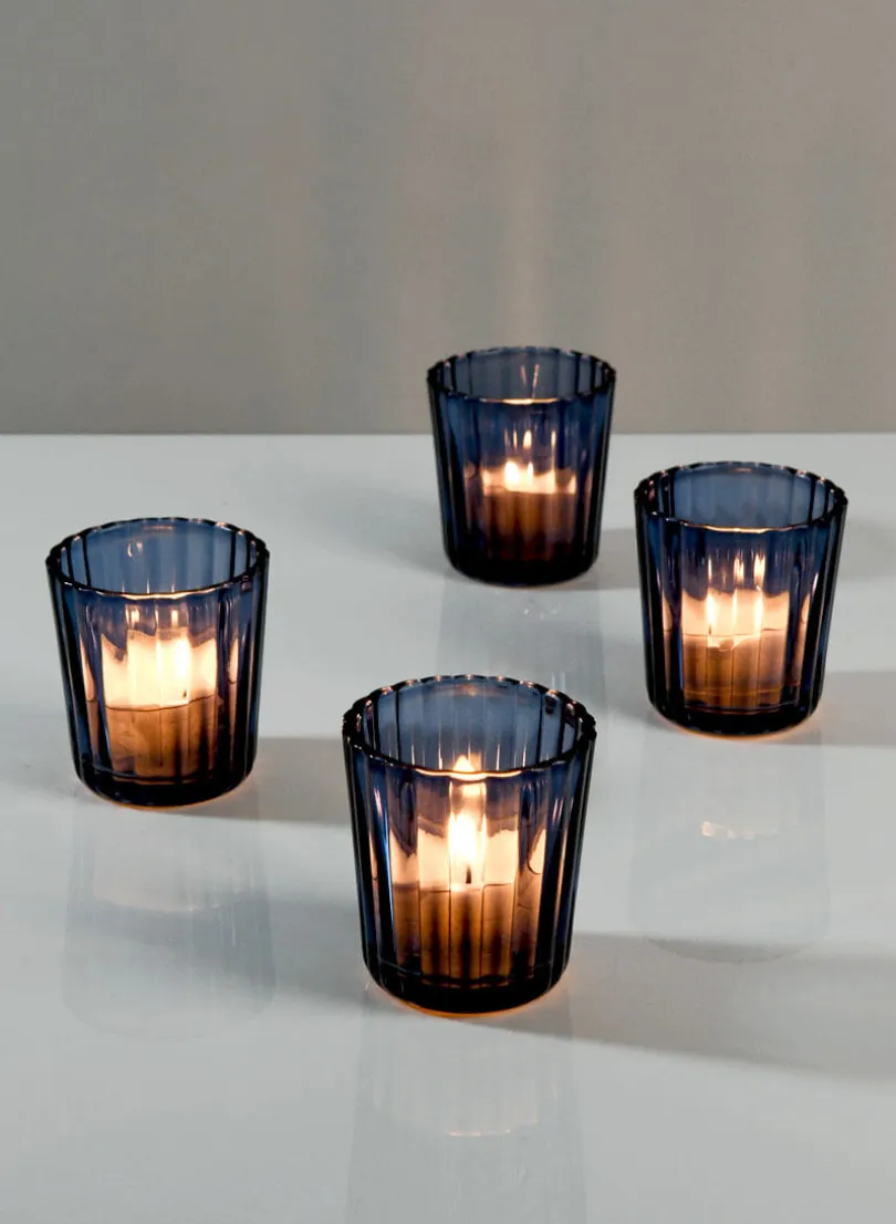 2.5in Tall Blue Fluted Glass Votive Holder, Set of 4