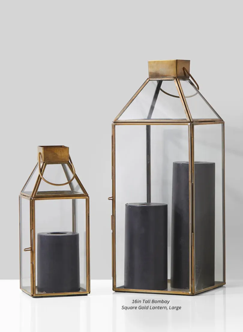 16in Tall Bombay Square Gold Lantern, Large