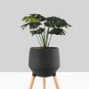 20.5in Tall Breakers Black Ceramic Planter With Beech Wood Legs
