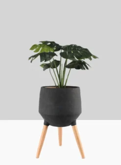 20.5in Tall Breakers Black Ceramic Planter With Beech Wood Legs