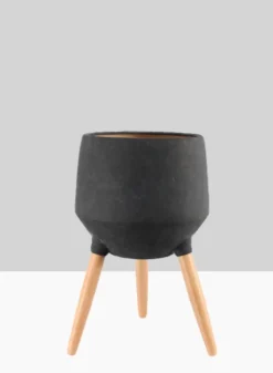 20.5in Tall Breakers Black Ceramic Planter With Beech Wood Legs