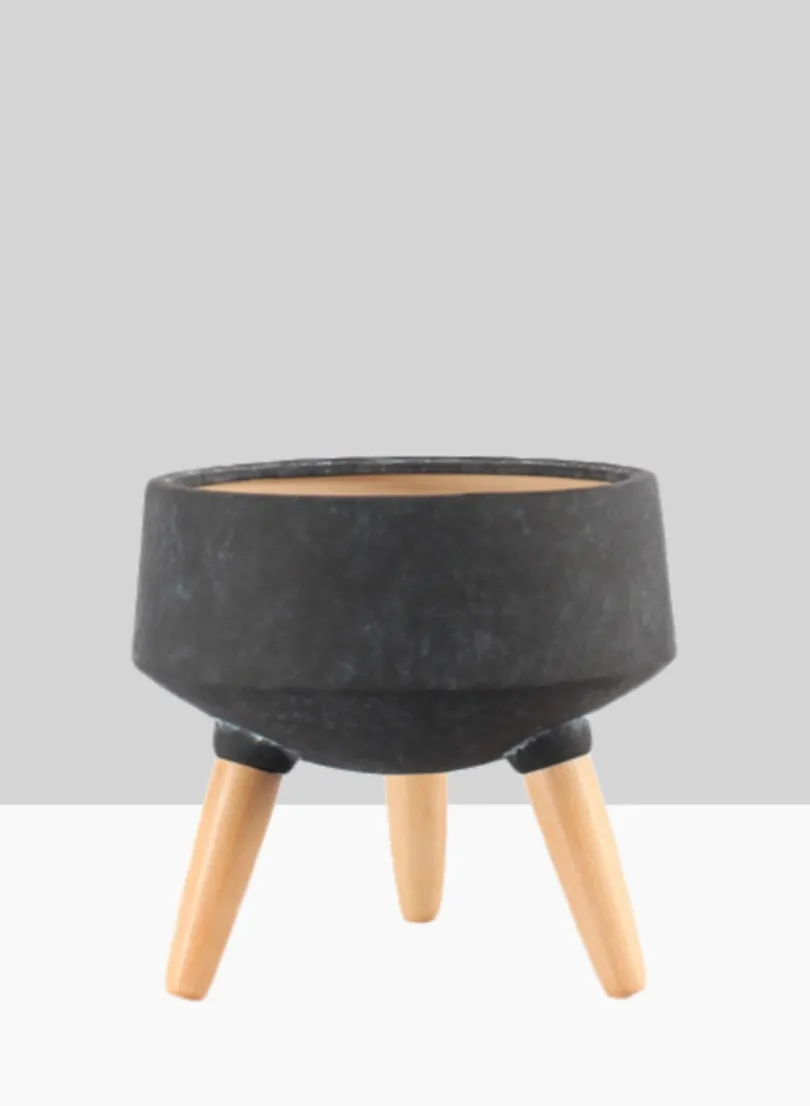 10.25in Tall Breakers Black Ceramic Planter With Beech Wood Legs