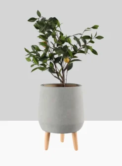 16.5in Tall Breakers Grey Ceramic Planter With Wood Legs