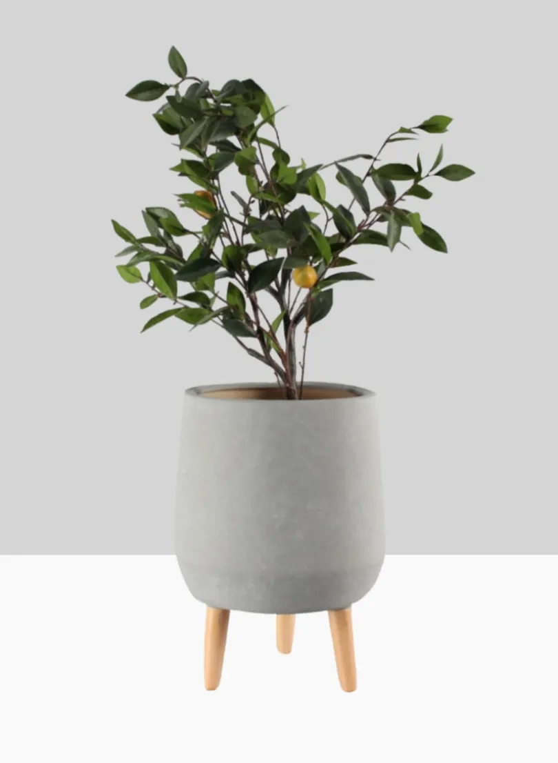 16.5in Tall Breakers Grey Ceramic Planter With Wood Legs