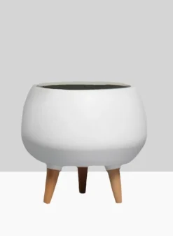9.5in Tall Breakers Matte White Ceramic Planter With Wood Legs