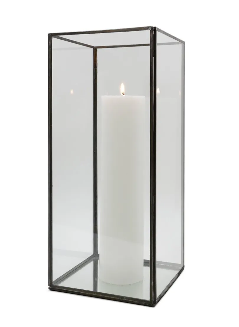 16in Tall Burnt Antique Square Candle Holder With Mirror Bottom