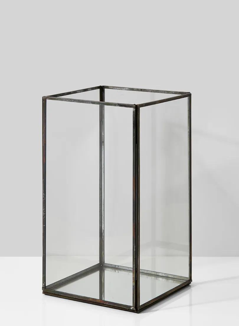 12in Tall Burnt Antique Square Candle Holder With Mirror Bottom