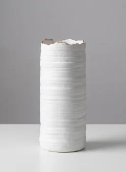 10in Tall Clay White Porcelain Cylinder with Gold Edging