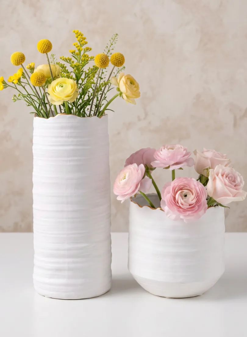 5in Tall Clay White Porcelain Cylinder with Gold Edging
