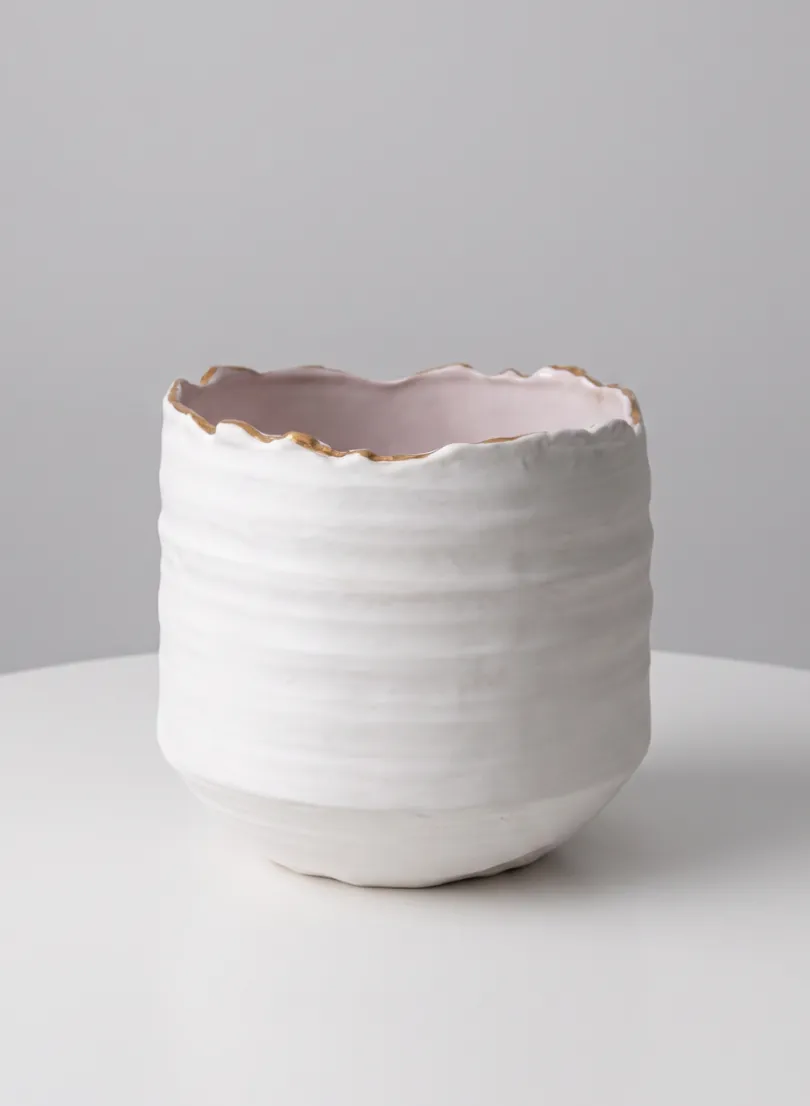 5in Tall Clay White Porcelain Cylinder with Gold Edging