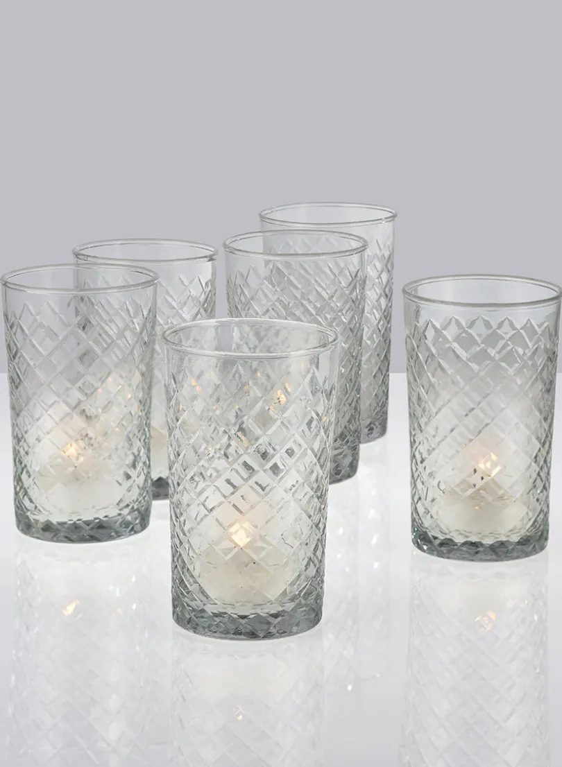 4 1/2in Tall Cut Glass Squares Votive Holder, Set of 6