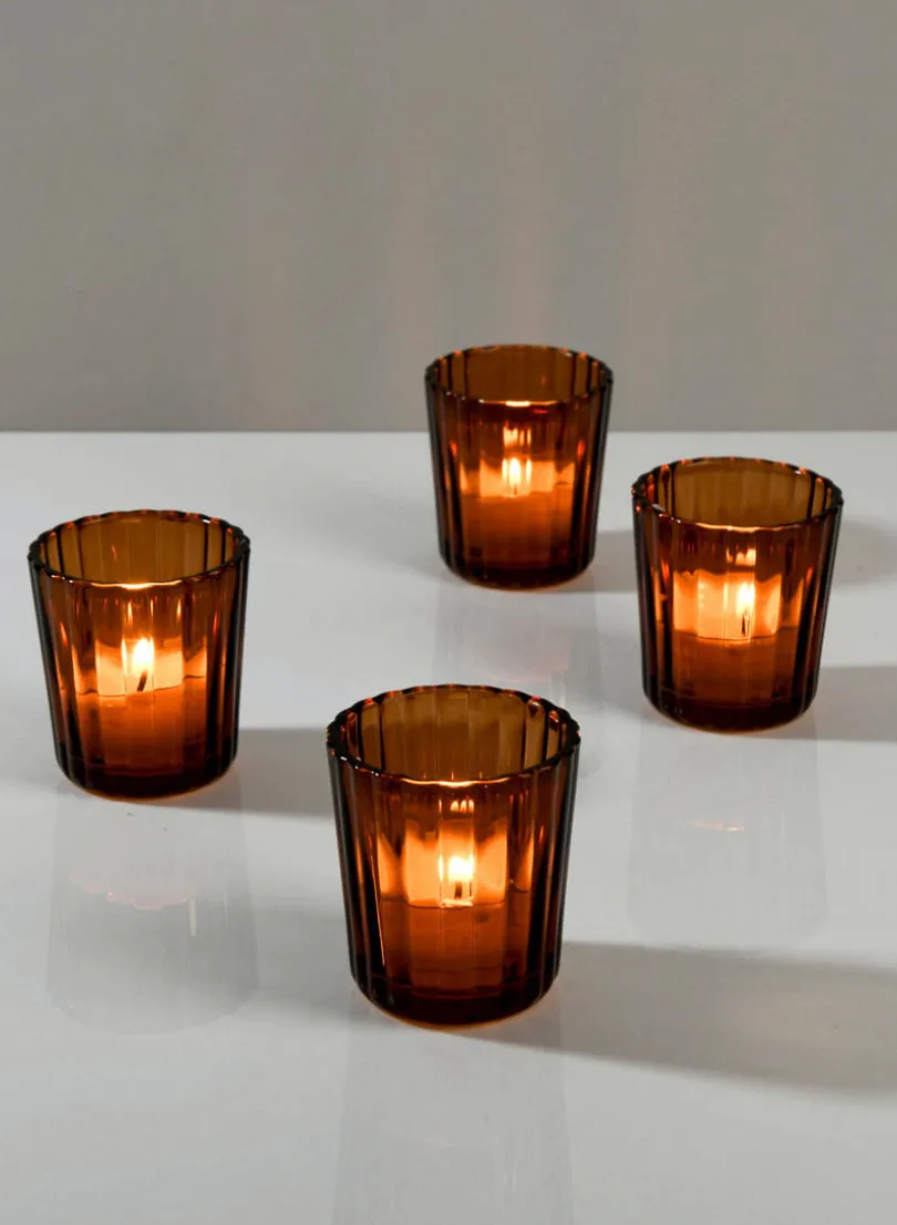 2.5in Tall Dark Amber Fluted Glass Votive Holder, Set of 4
