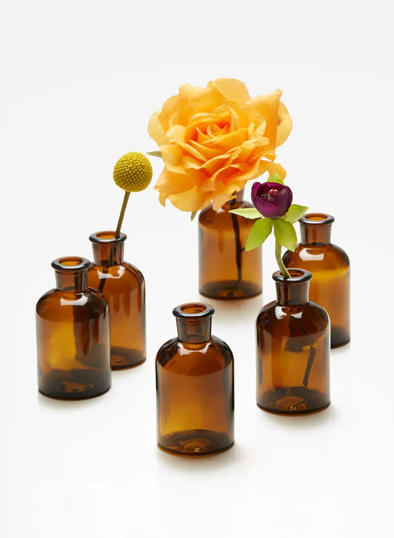4in Tall Dark Amber Glass Bottle Vase, Set of 6
