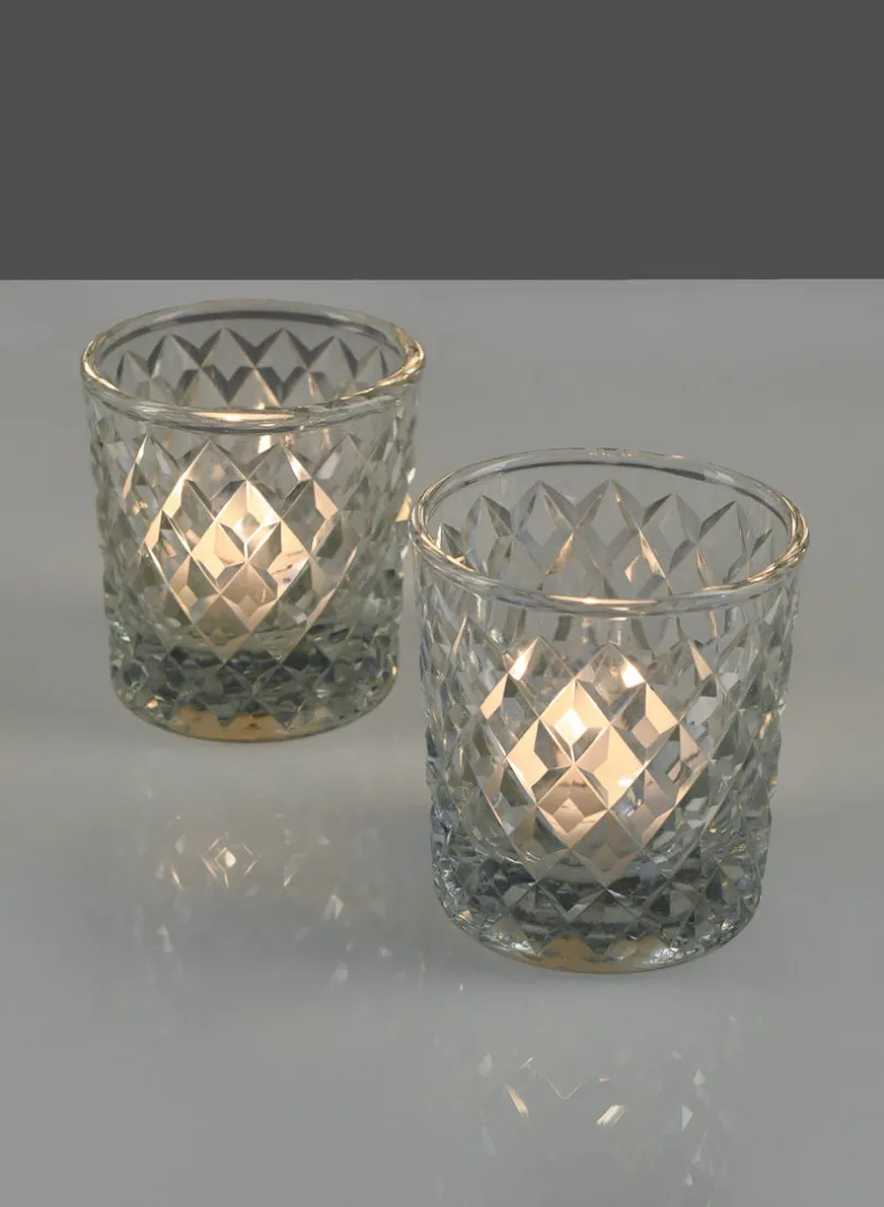 3.25in Tall Diamond Glass Votive, Set of 2