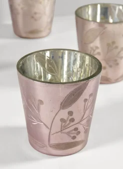 2.5in Tall Elizha Etched Leaf Burned Silver Glass Votive Candleholder