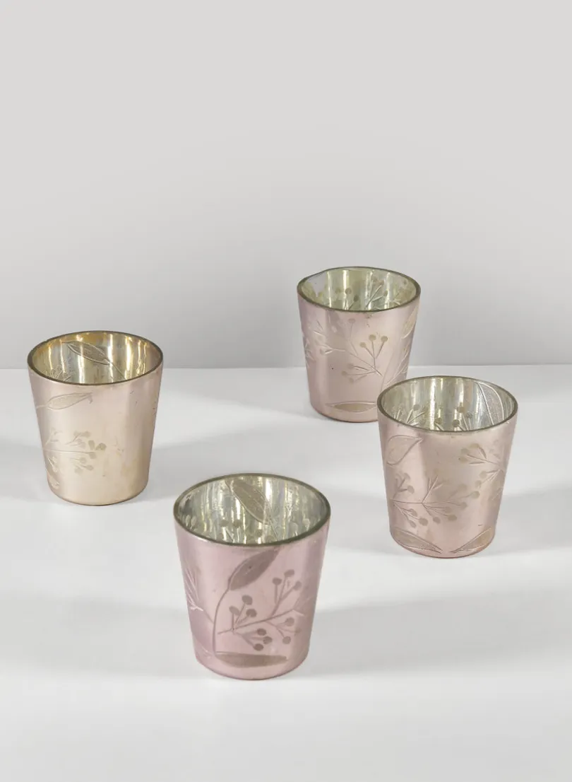 2.5in Tall Elizha Etched Leaf Burned Silver Glass Votive Candleholder